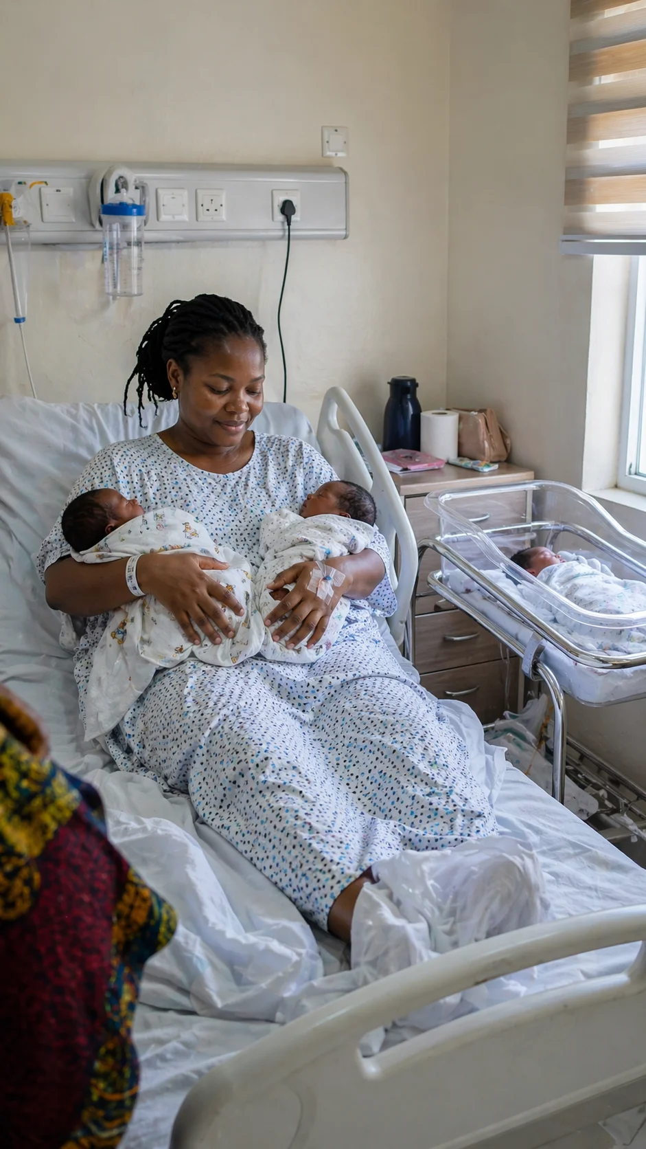 Adaeze Okonkwo's triplets — two girls, one boy. University of Port Harcourt Teaching Hospital, March 2026.