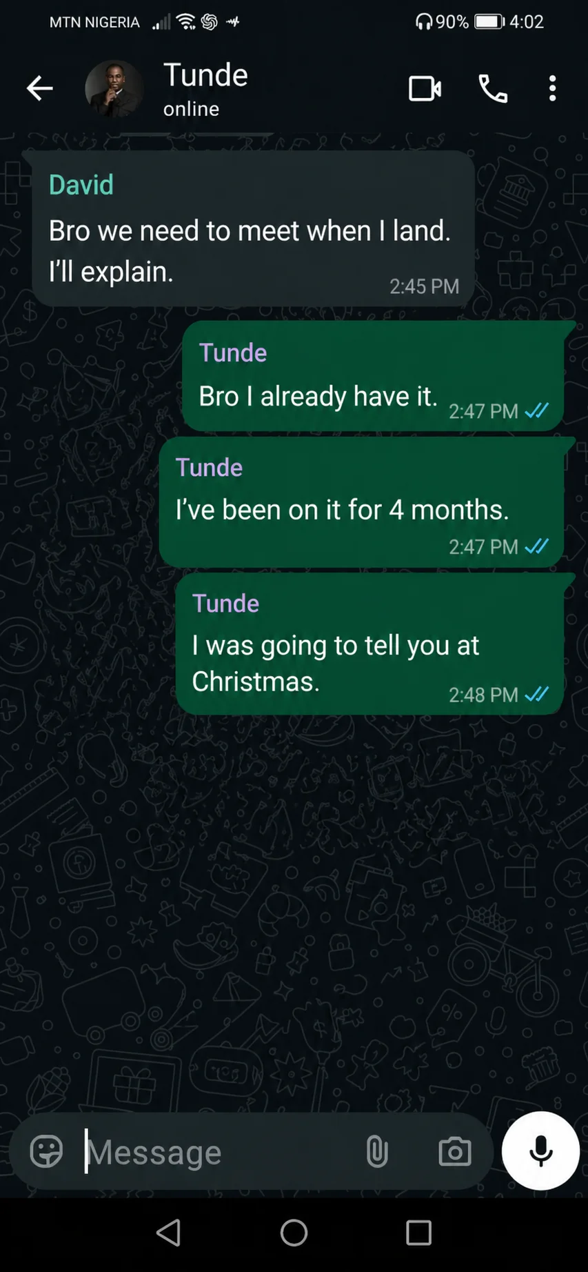 WhatsApp screenshot, David and Tunde before the restaurant meet