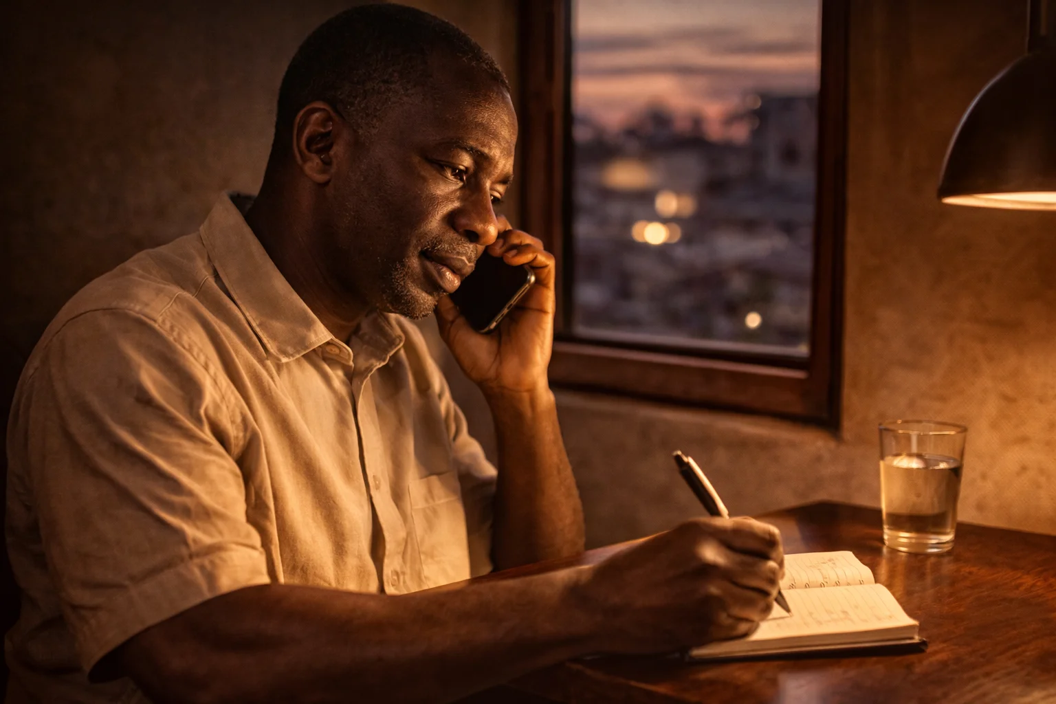 Nigerian man on phone consultation with notebook