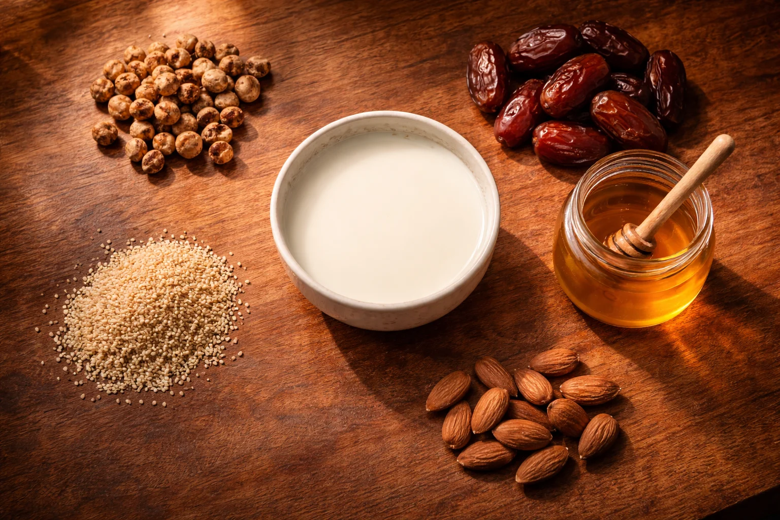 Nigerian kitchen counter with tiger nuts, dates, honey, sesame, almonds