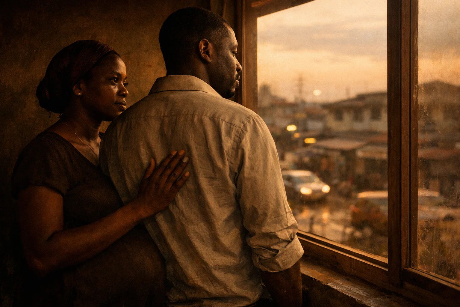 Nigerian man at Lagos window with pregnant wife