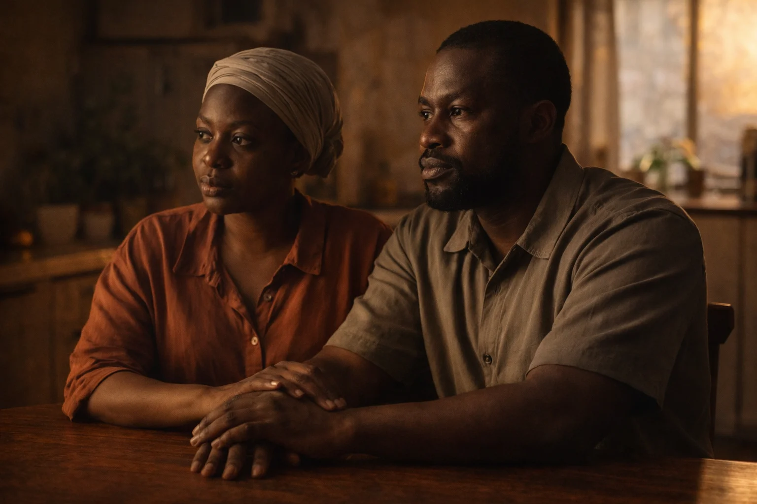 Nigerian couple at kitchen table, his hand on hers