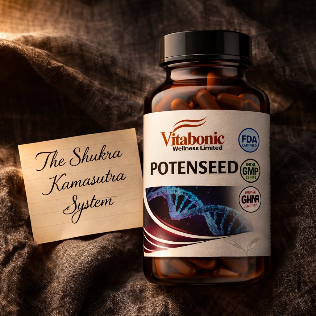 Potenseed bottle on dark linen with Shukra Kamasutra System card