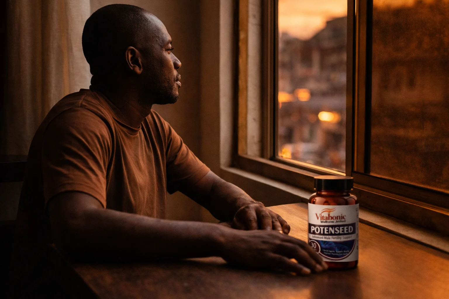 Nigerian man at window with Potenseed bottle, evening light