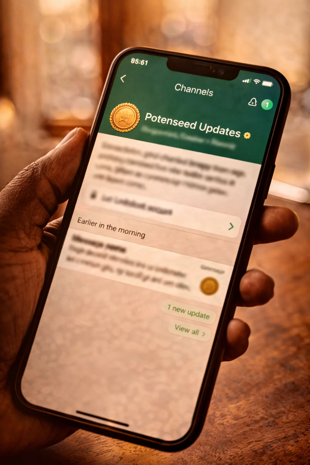 Phone showing Potenseed Updates WhatsApp Channel