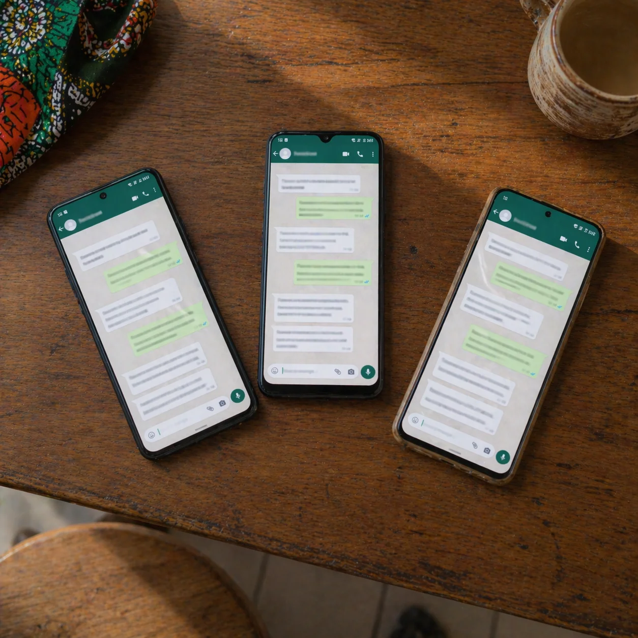 3 smartphones showing WhatsApp conversations — 3 women, 3 cities, 3 proofs