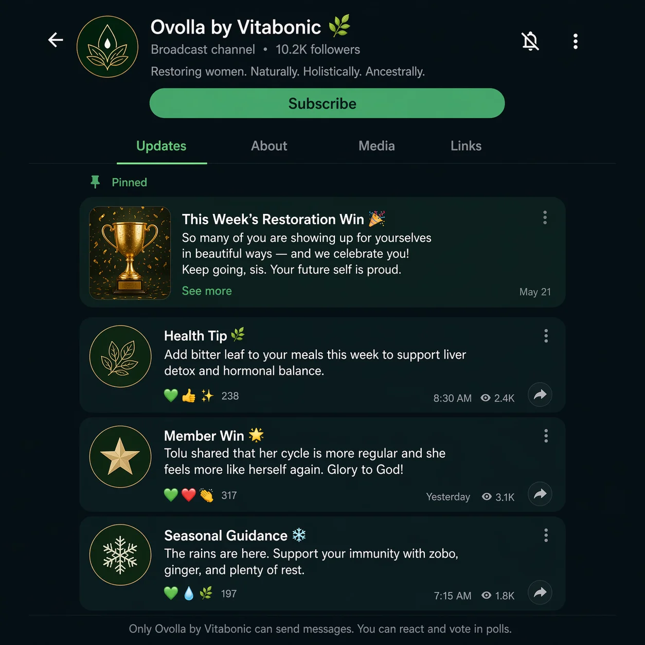 Ovolla broadcast channel — WhatsApp dark theme