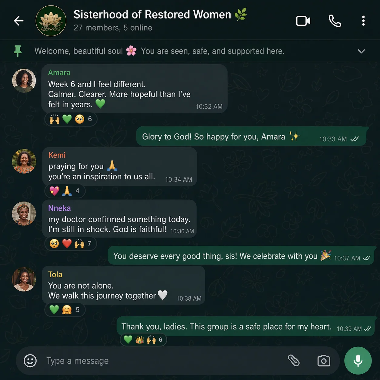 Sisterhood of Restored Women — WhatsApp group chat mockup
