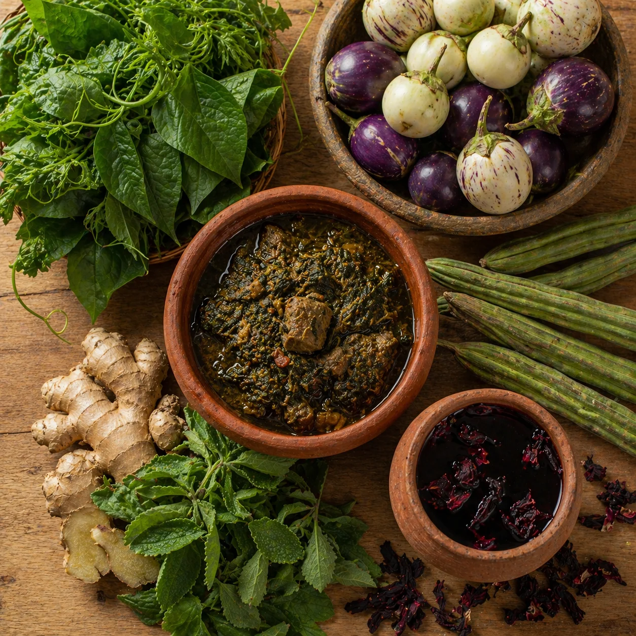 Nigerian womb-nourishing meal flat lay — ugu, garden eggs, moringa, zobo, ginger