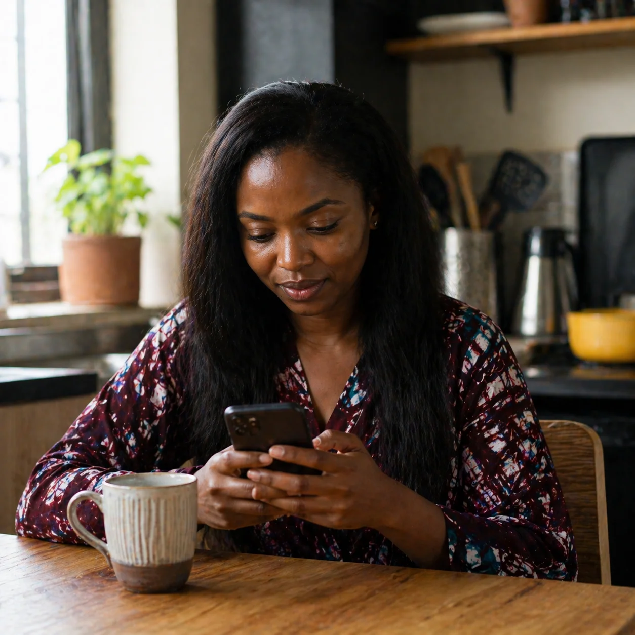 Nigerian woman typing a WhatsApp message — direct support, real person
