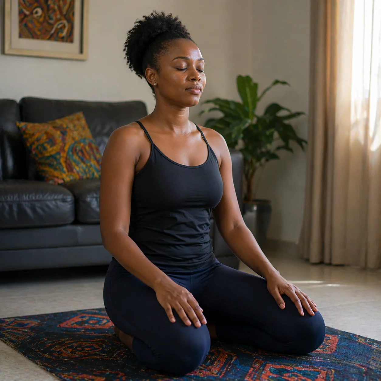 Nigerian woman performing gentle morning yoga — The Garbha Yoga Protocol