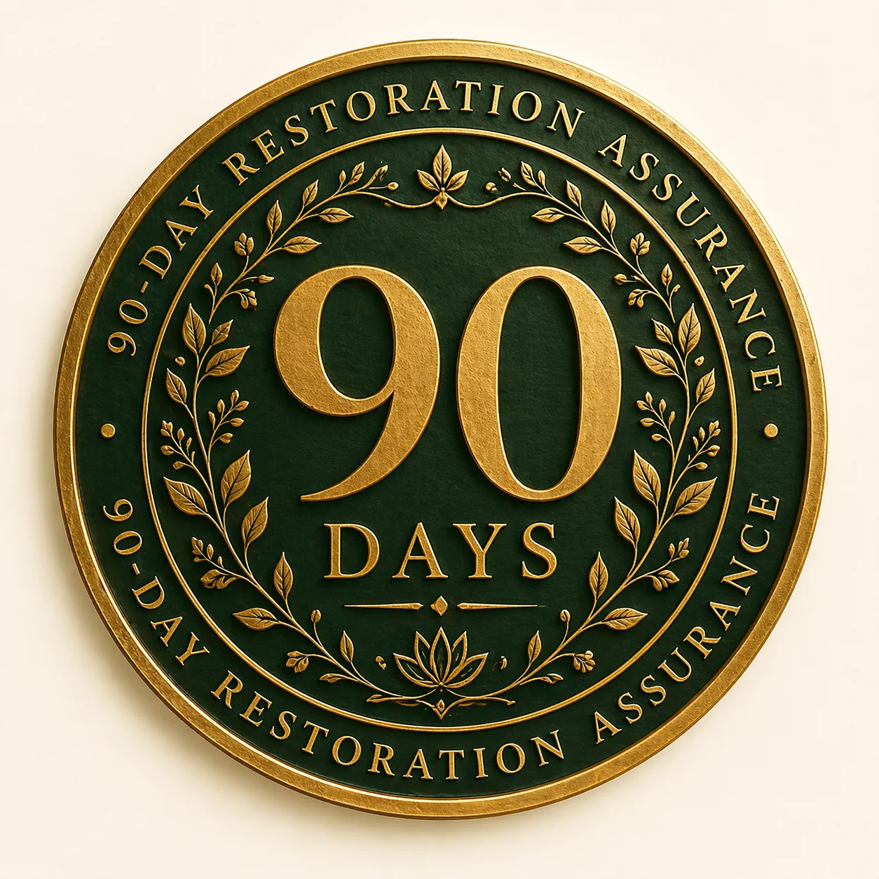 90-Day Restoration Assurance seal — forest green and gold embossed circular badge