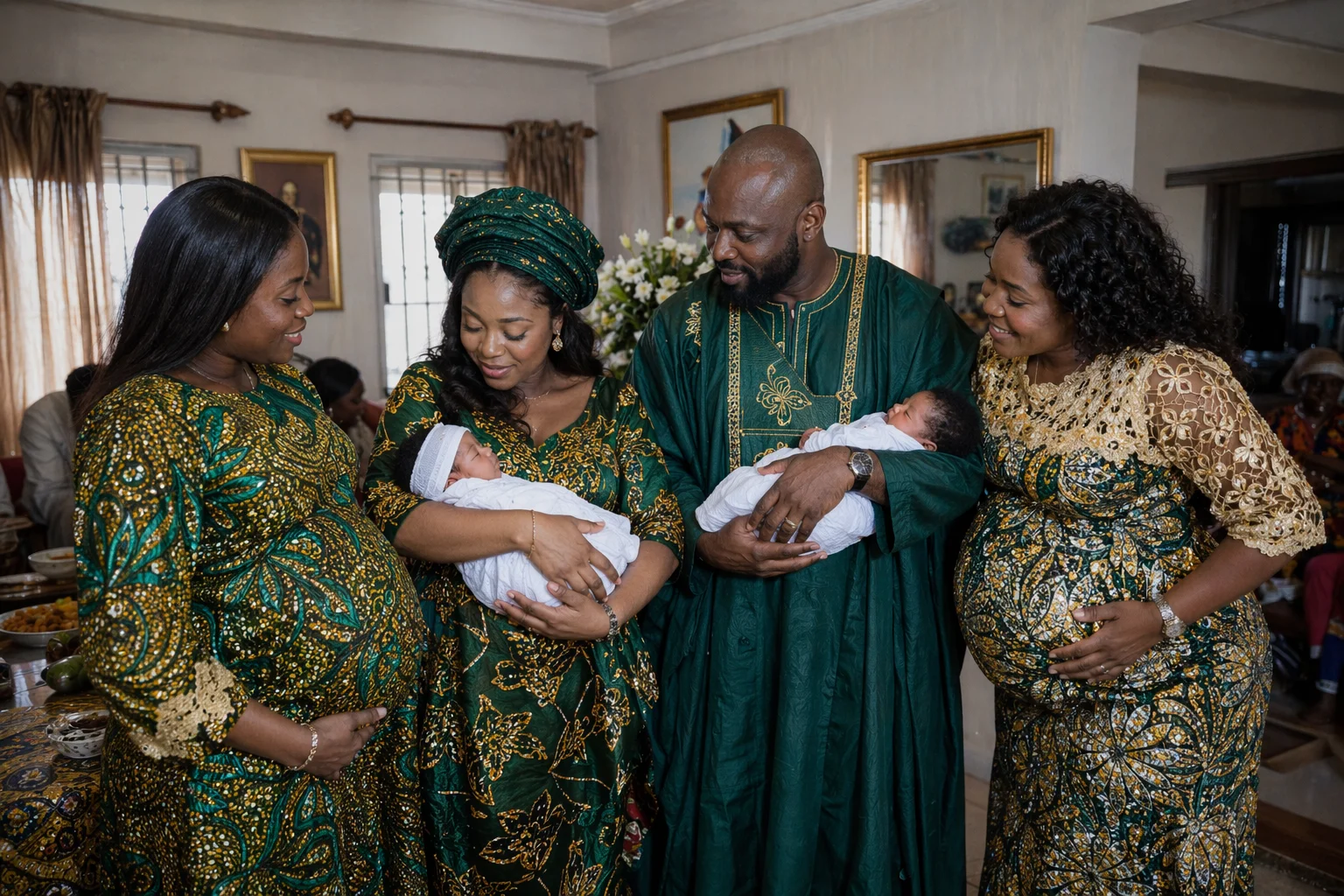 Adaeze and David Okonkwo at a thanksgiving celebration with their triplets, flanked by 2 visibly pregnant friends — the destination, not the hope