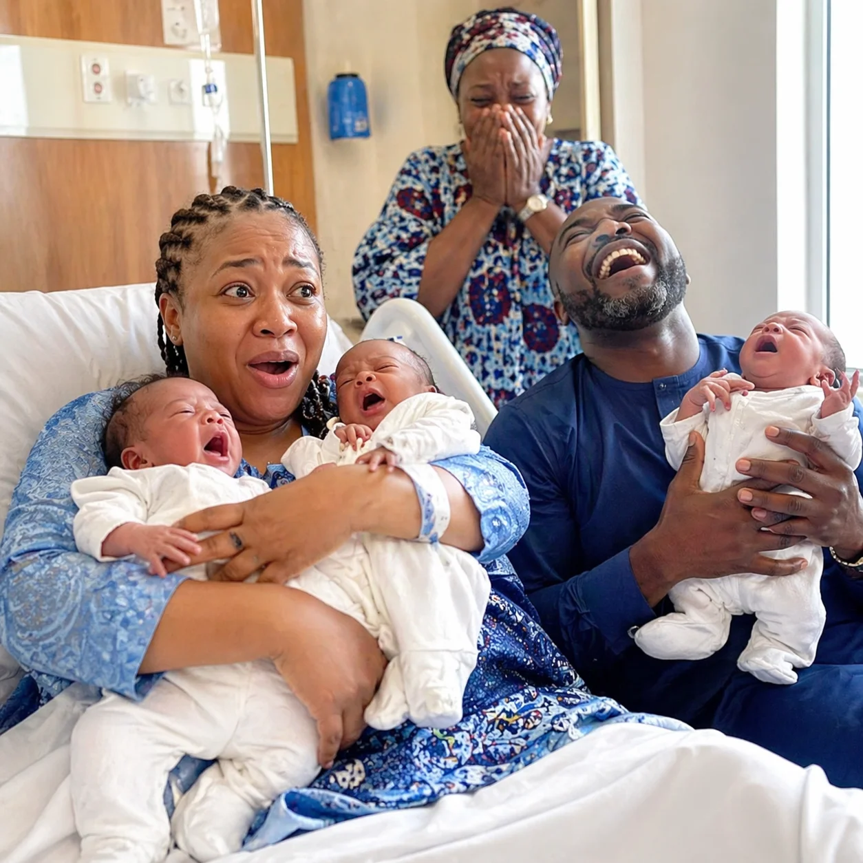 Adaeze Okonkwo holding her triplets at University of Port Harcourt Teaching Hospital, March 2026 — 4 years of waiting. One decision.
