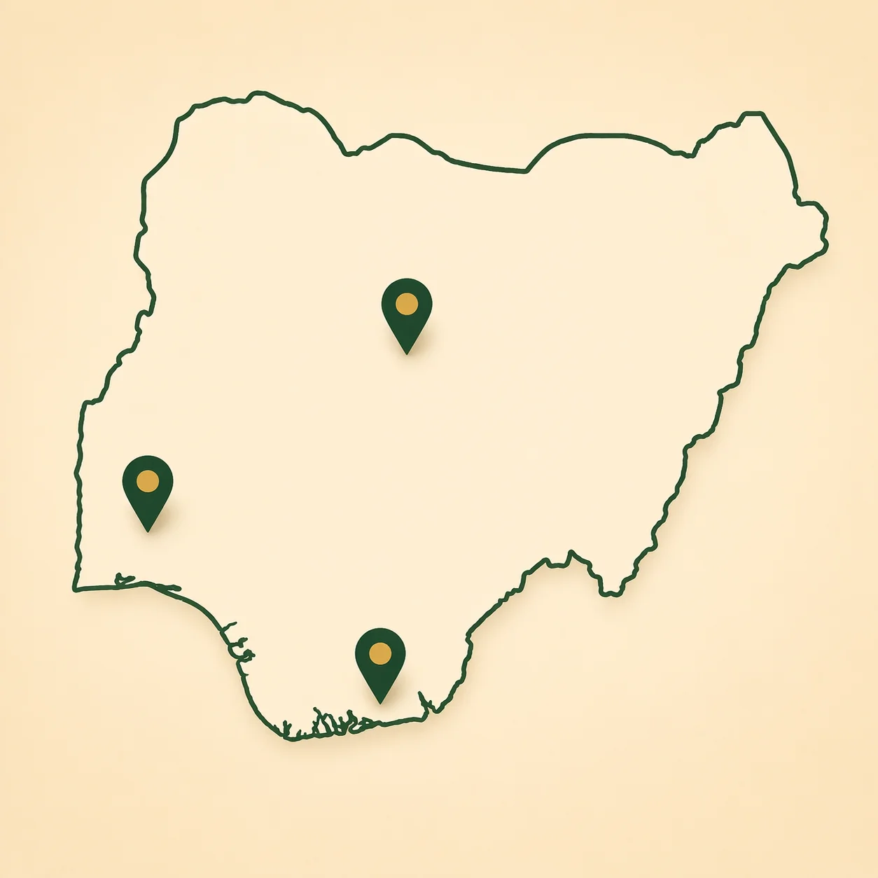 Map of Nigeria with 3 location pins at Port Harcourt, Ibadan, and Kaduna