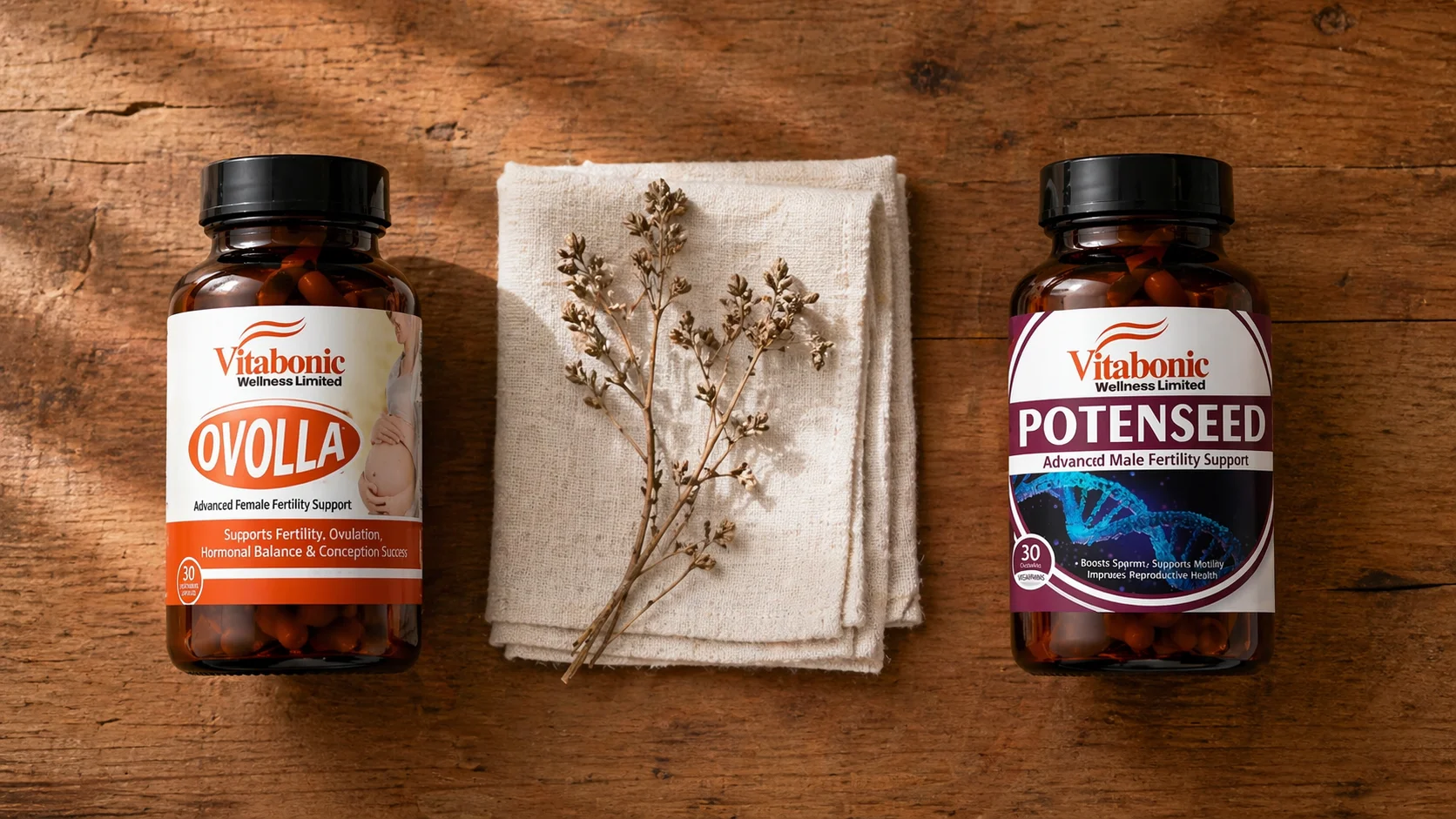 Ovolla and Potenseed bottles side by side — the complete household fertility system
