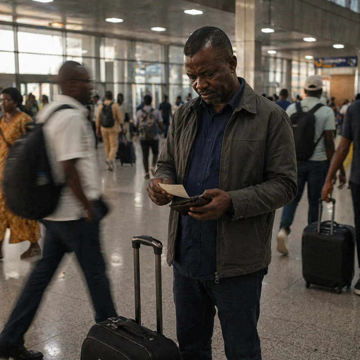 David in Lagos arrivals hall checking a folded paper