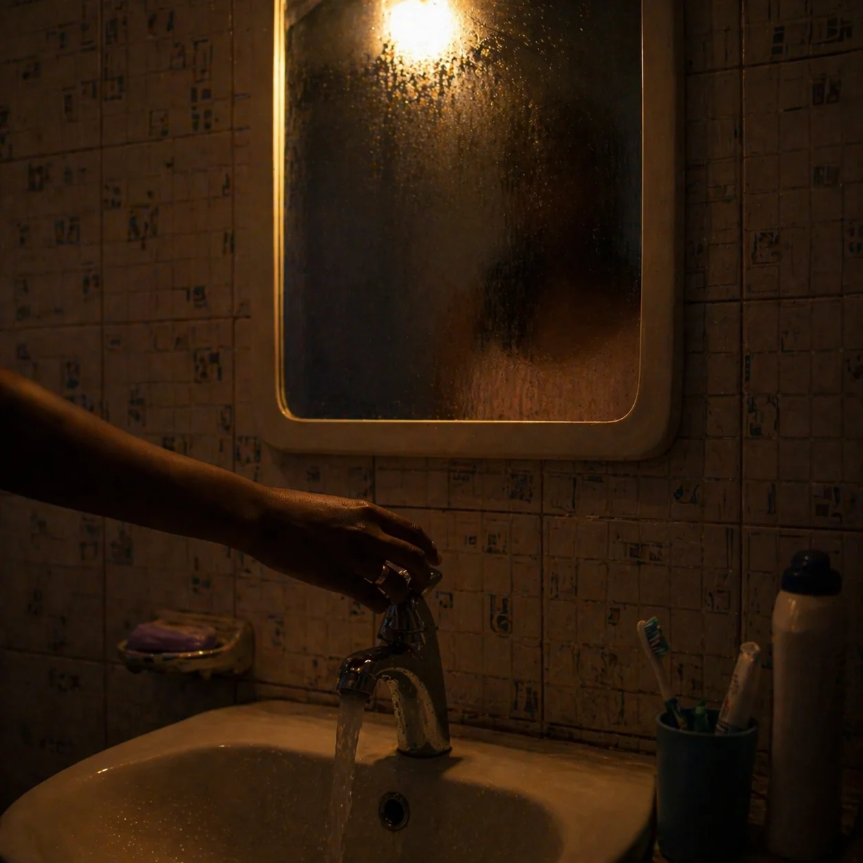 Bathroom tap running at 2 AM, woman's hand on the handle