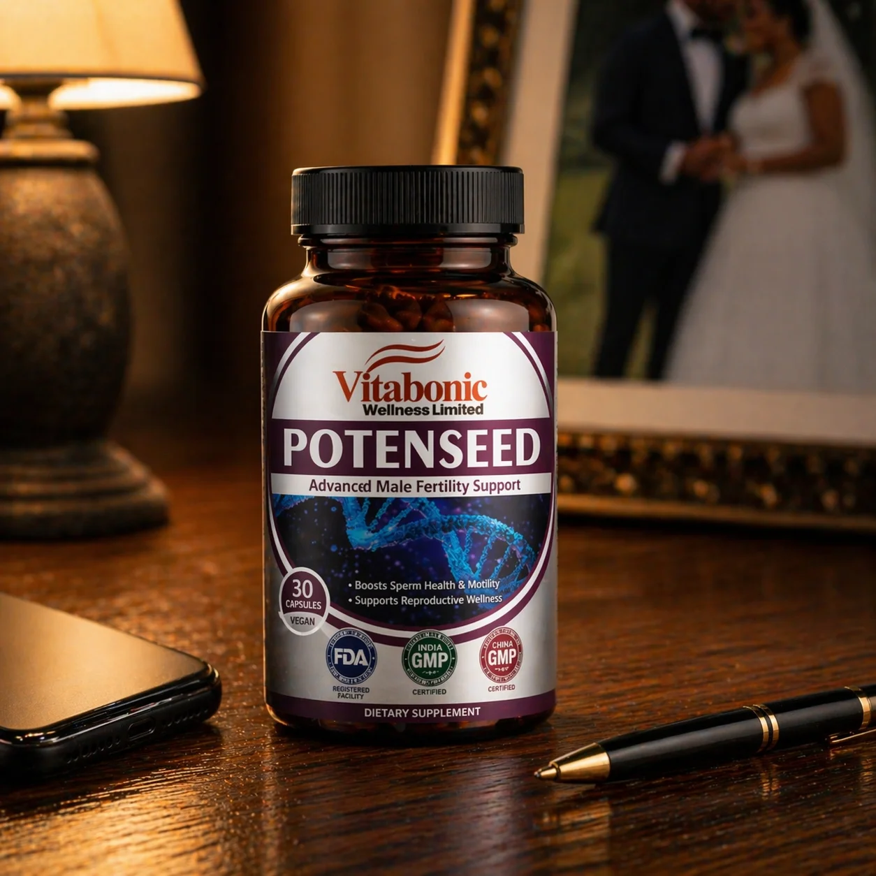 White Potenseed bottle with 3 certifications on a Lagos desk