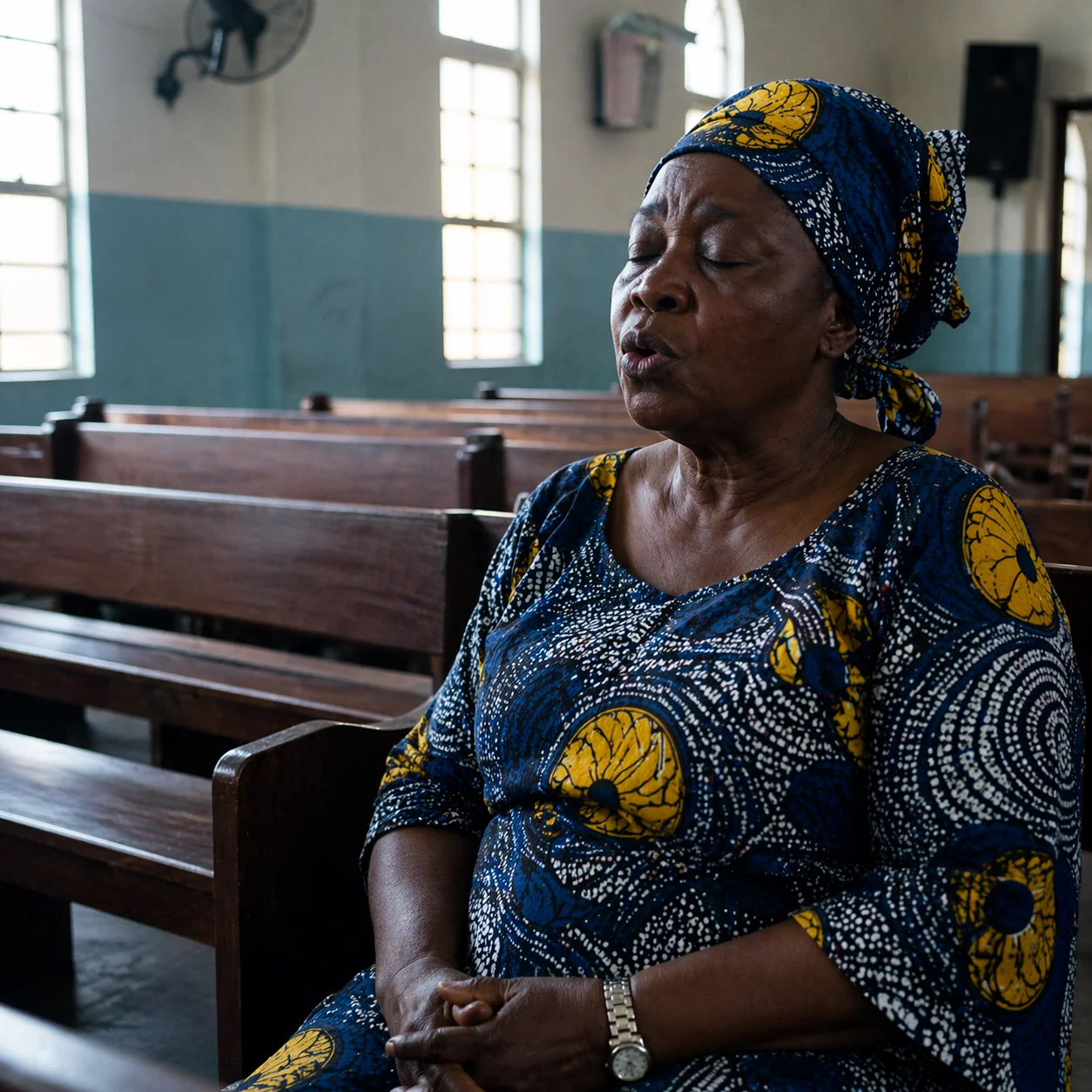 David's mother praying alone in church after service