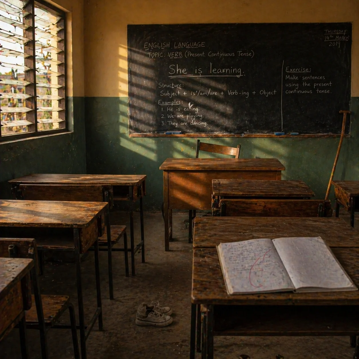 Empty Nigerian classroom, late afternoon, teacher's chair pushed back