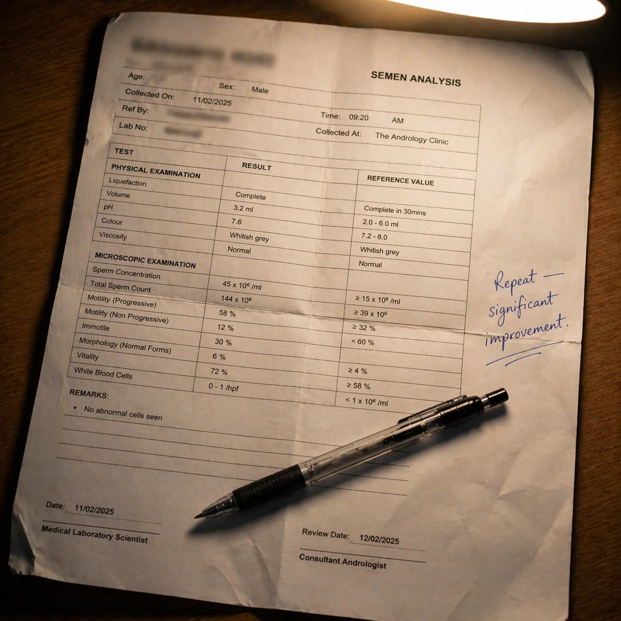 Lab report with doctor's note: repeat, significant improvement