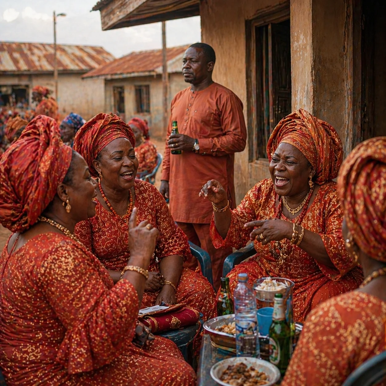 Village compound at Christmas, David standing slightly apart