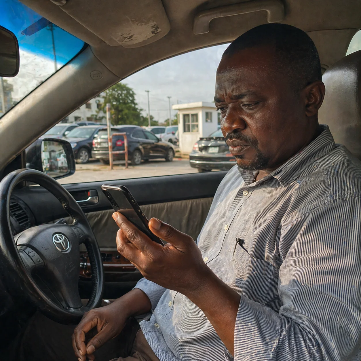 David in his Toyota in the Ikeja bank parking lot