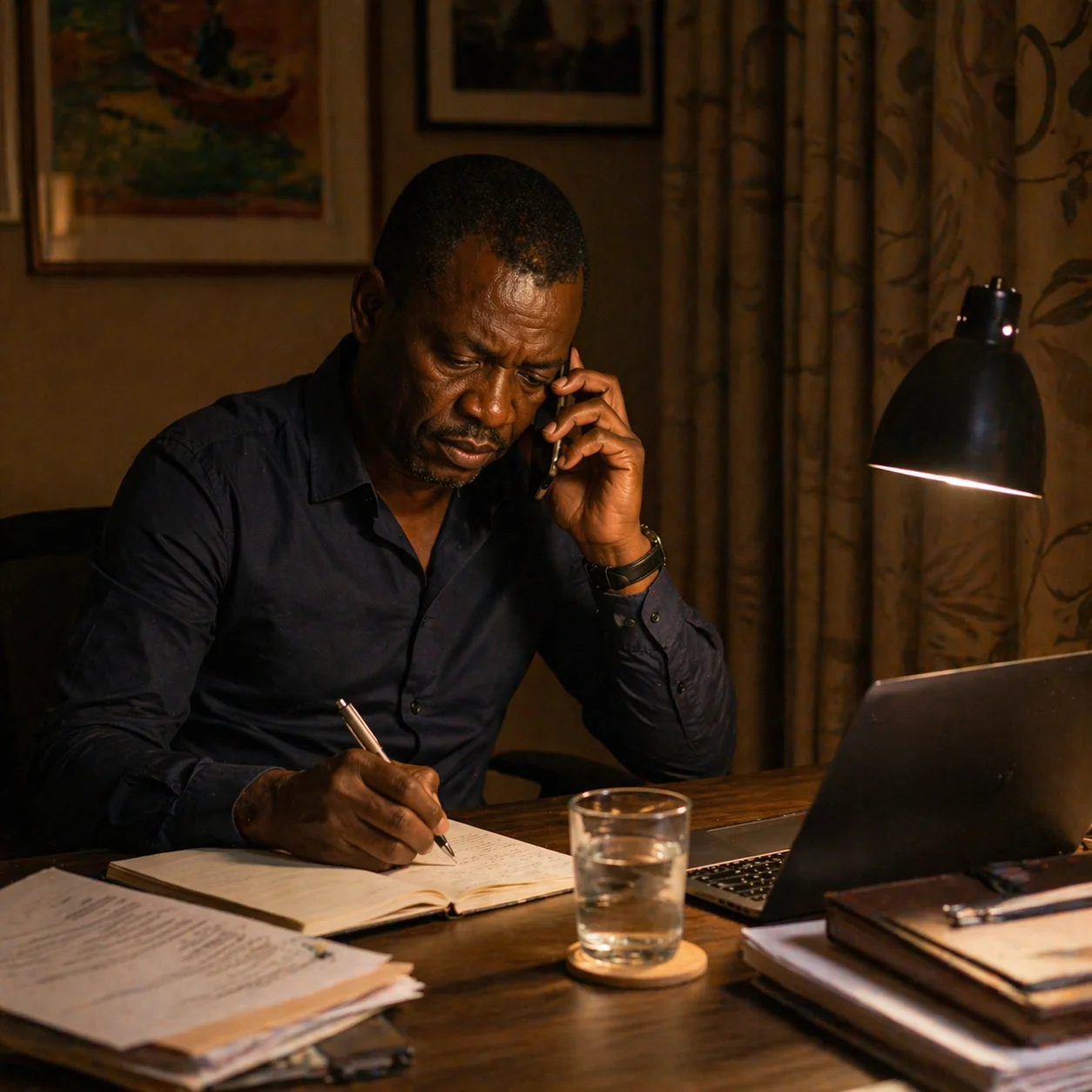 David on a phone call in his Lagos home office