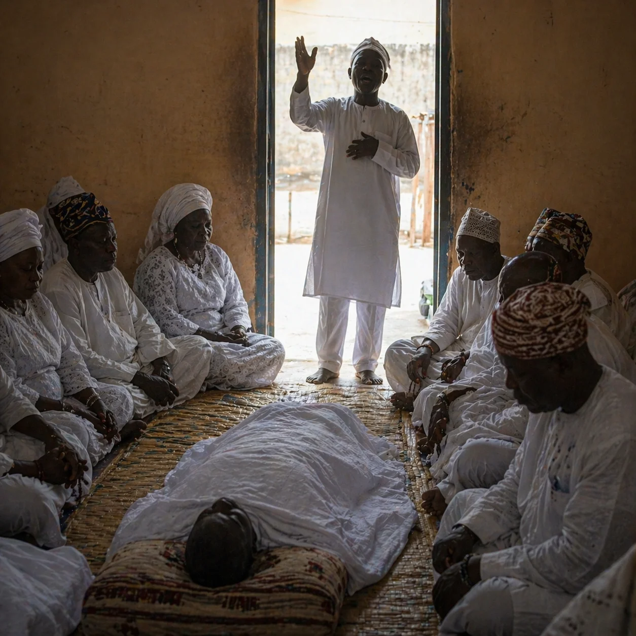 Traditional Yoruba funeral mat, the singer waiting for a son's voice