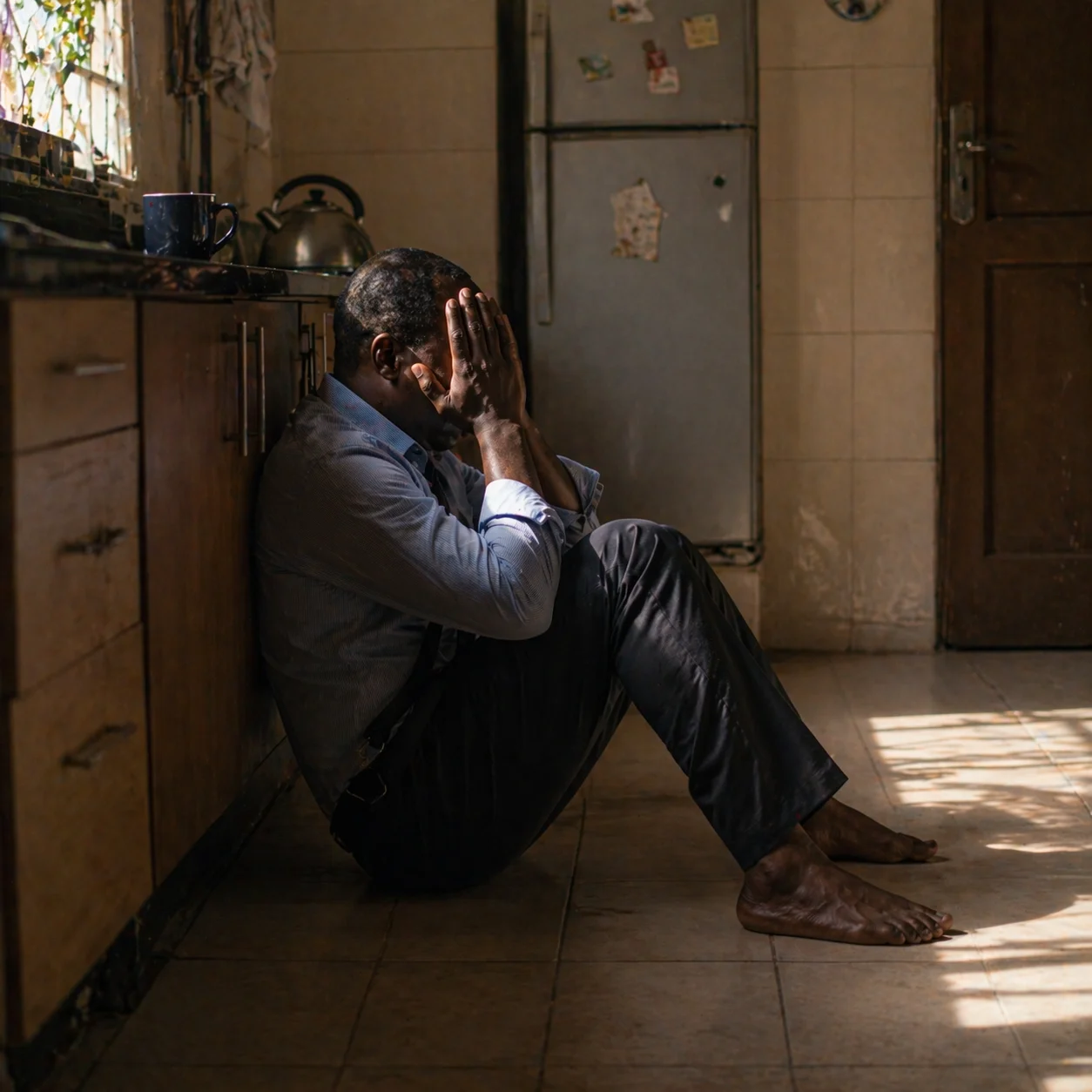 A man sitting on a kitchen floor in quiet astonishment