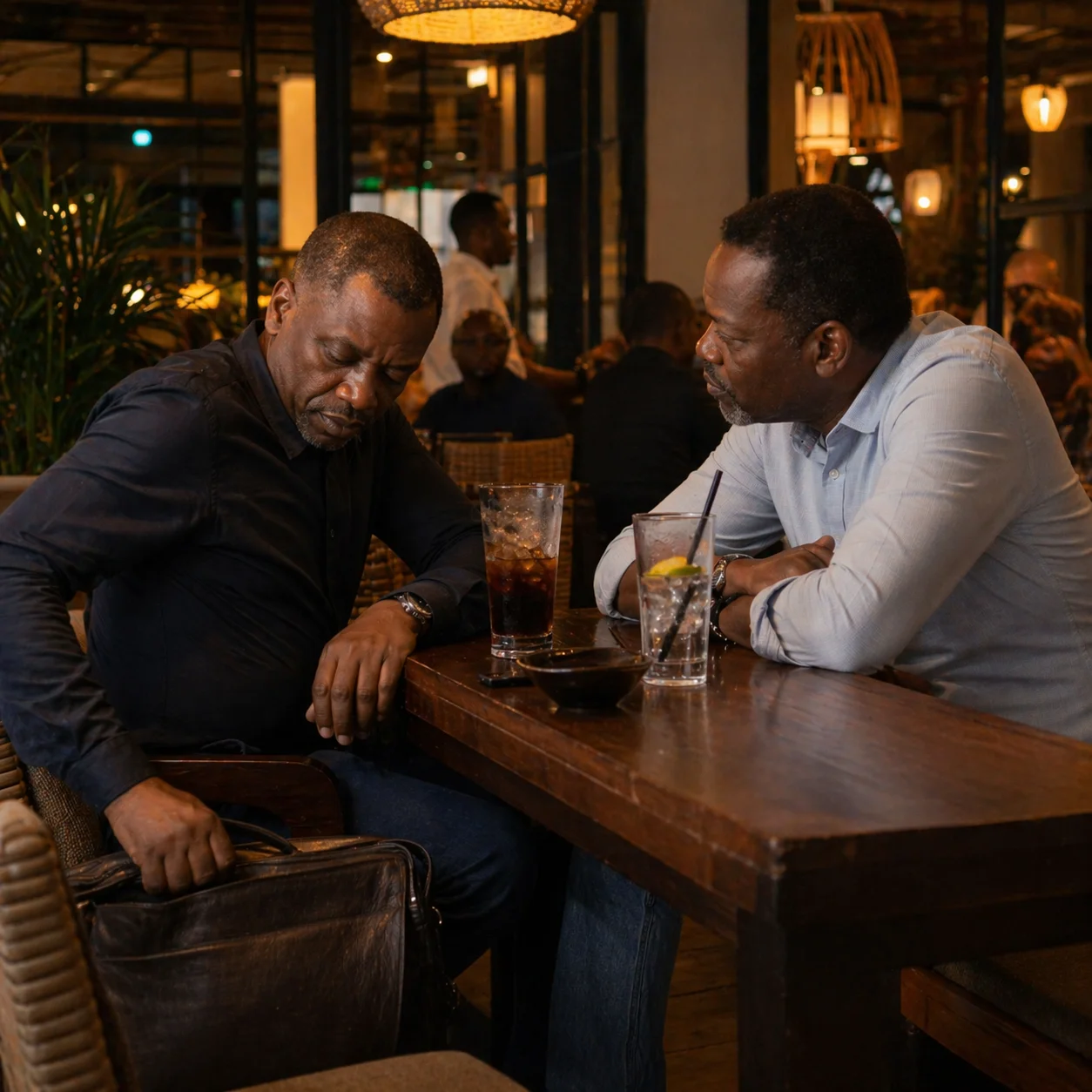 Two men at a Victoria Island restaurant table