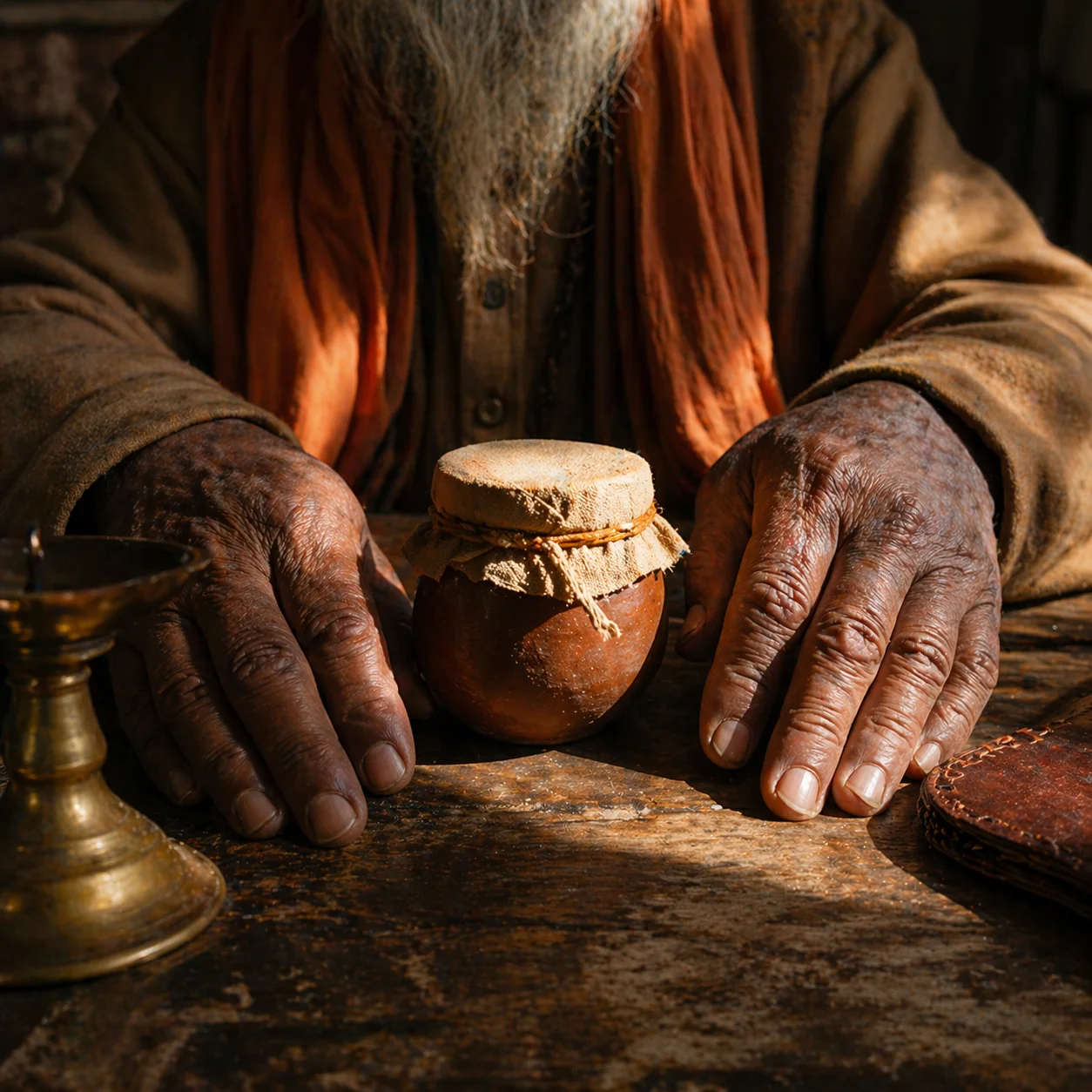 Baba Vegah's hands beside a sealed clay pot in Rishikesh