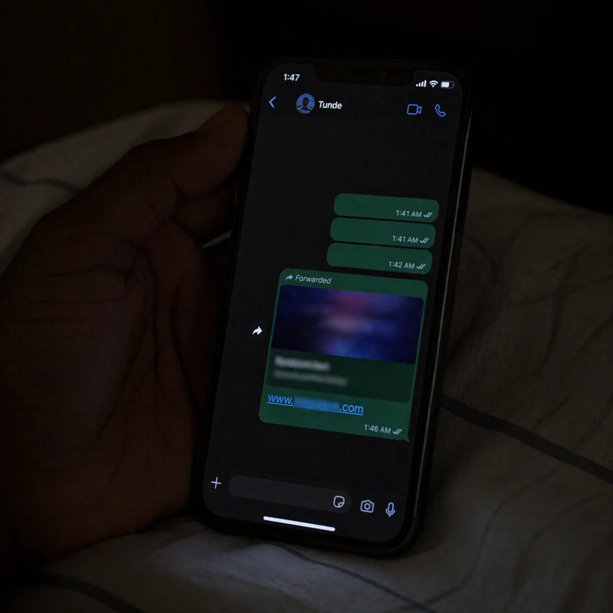 Tunde's WhatsApp message arriving at 1:47 AM