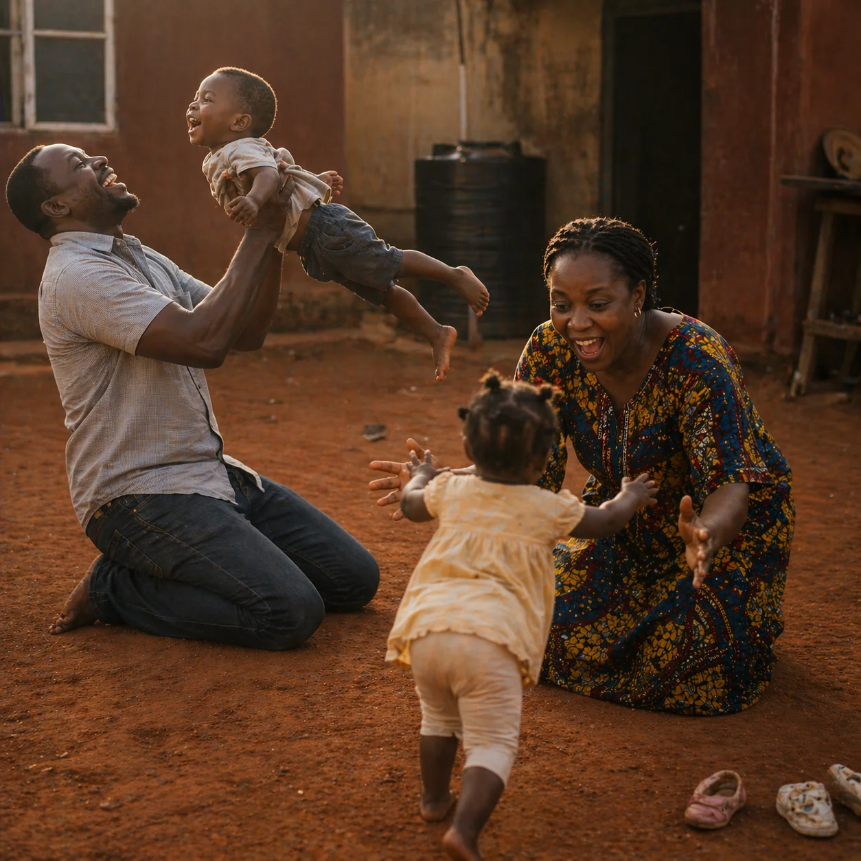 David and Adaeze playing with their twins in the Lagos compound