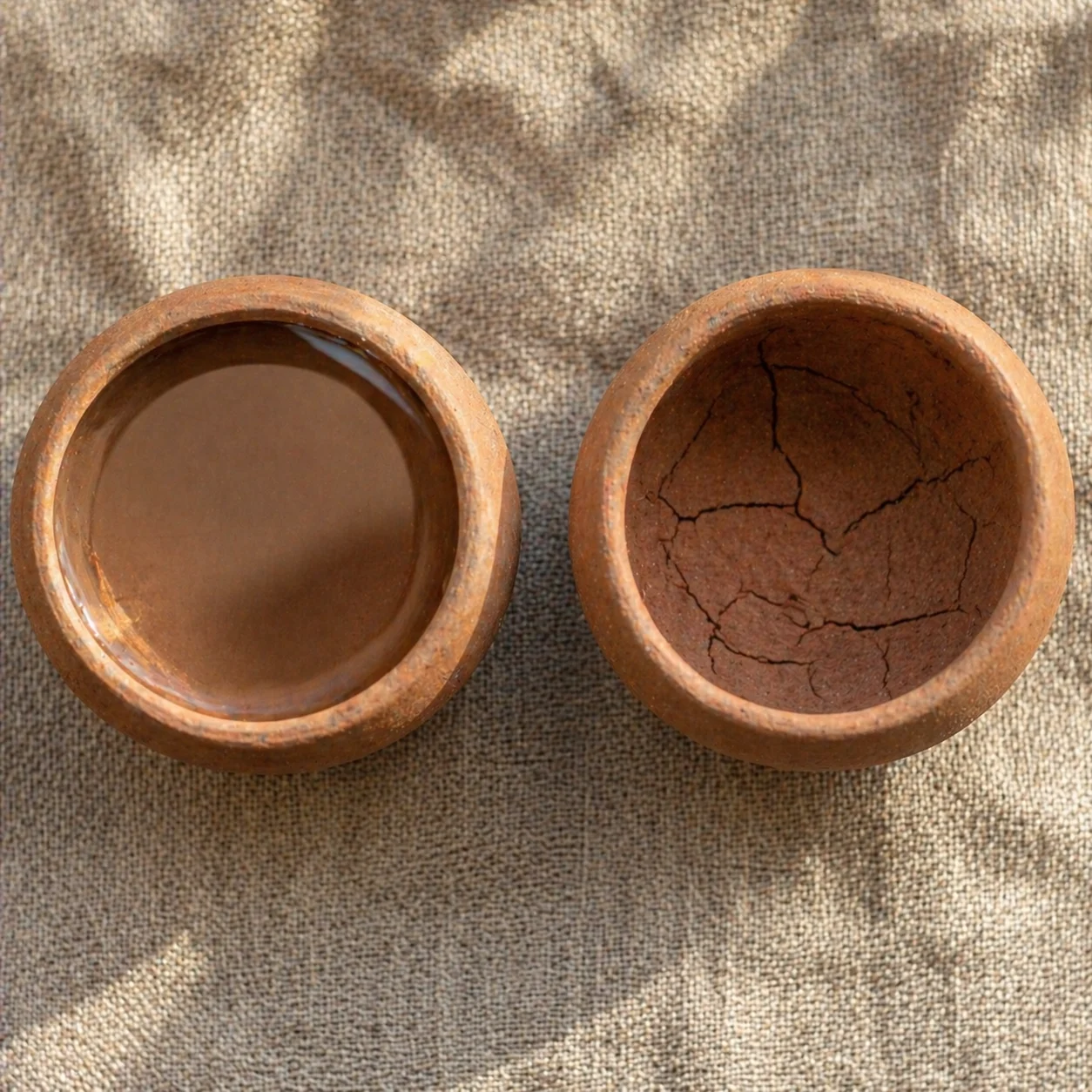 Two clay vessels, one full of water, one dry