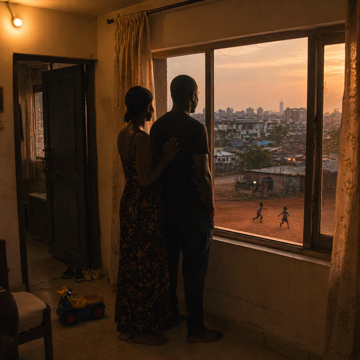 Same window, circle closing, twins below, Adaeze's hand on David's back