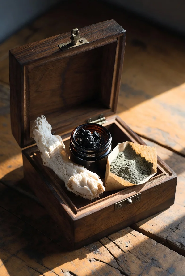 Wooden box with 3 items: white root, dark resin jar, grey-green powder