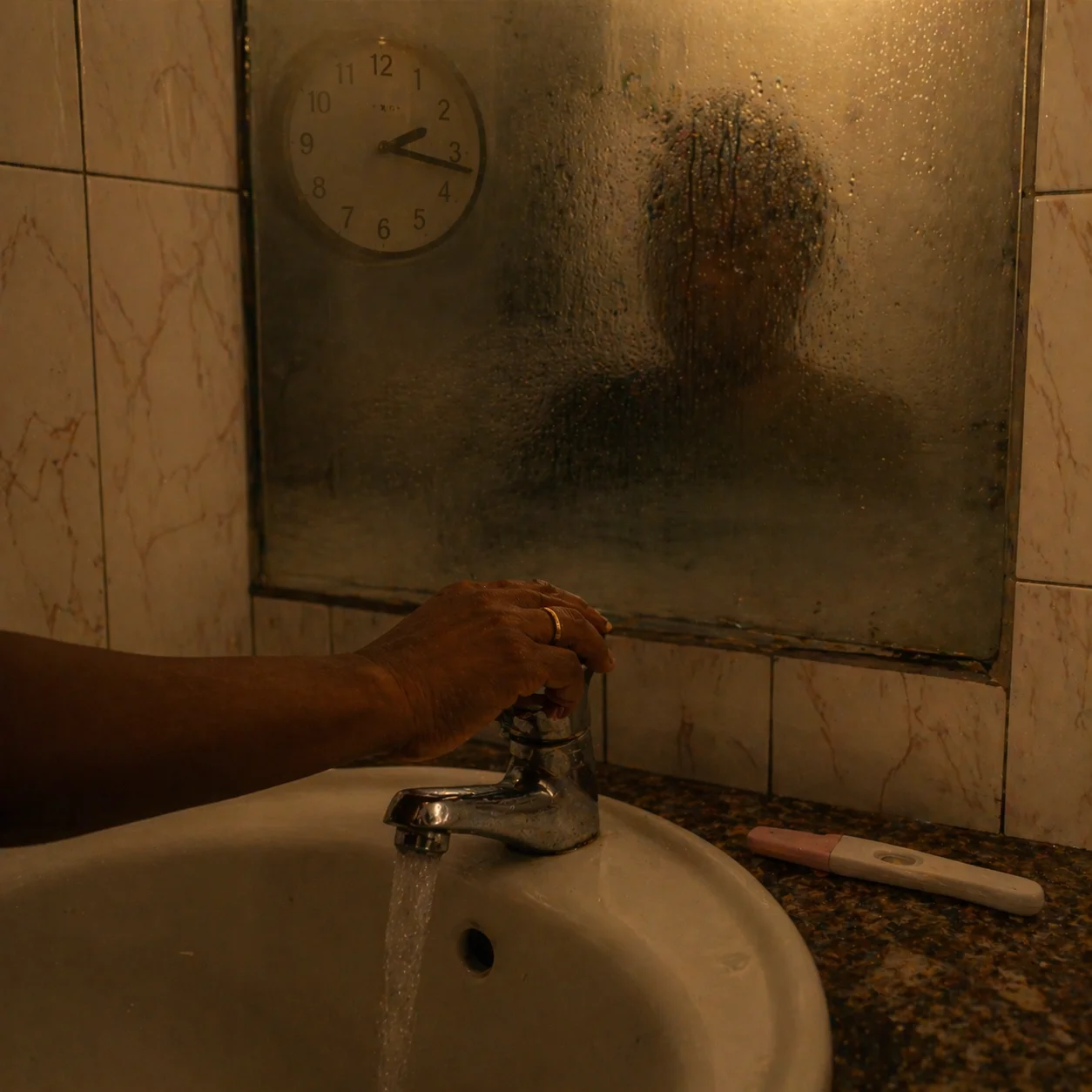 Bathroom tap running at 2AM, a woman's hand not turning it off