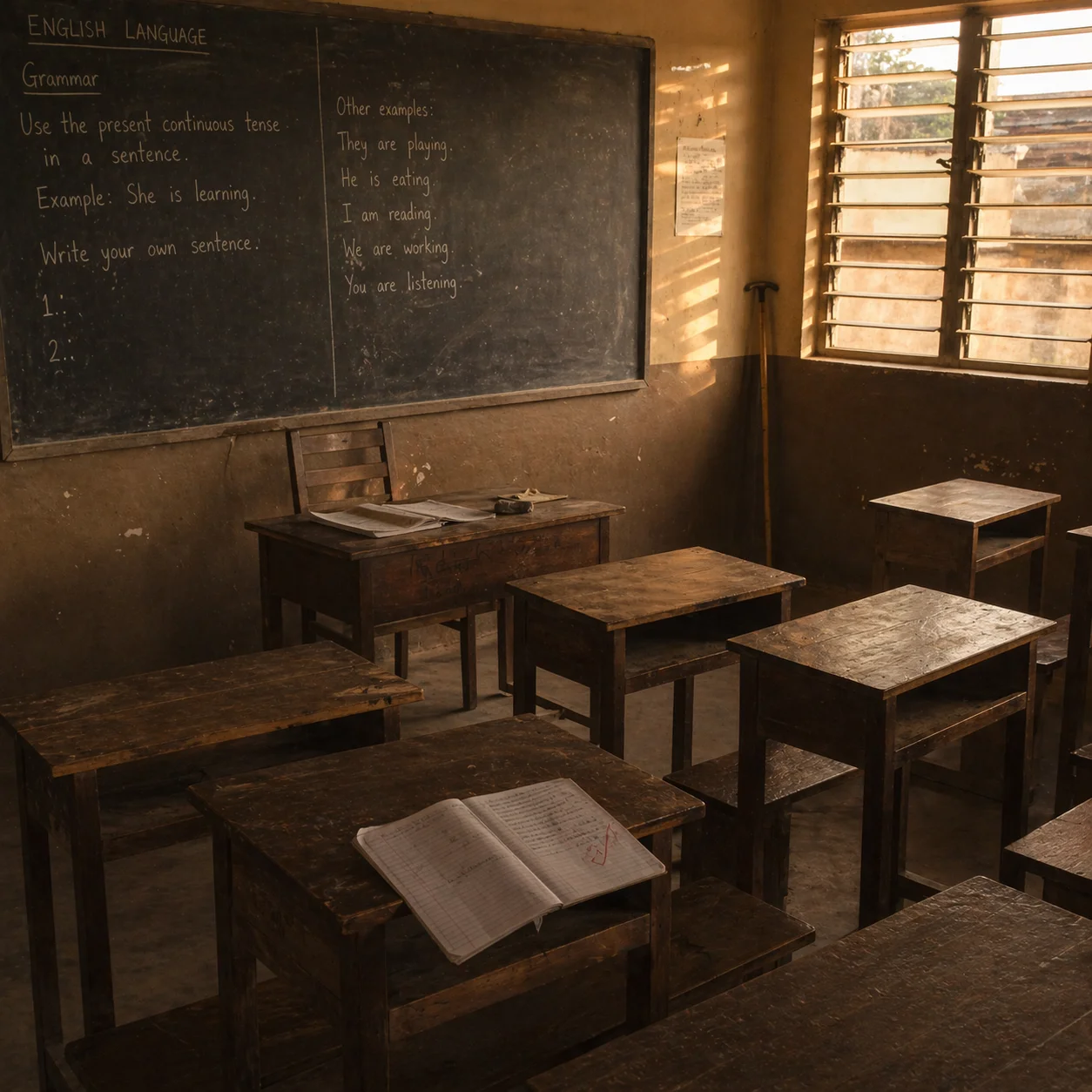 Empty Nigerian secondary school classroom, lesson still on the board