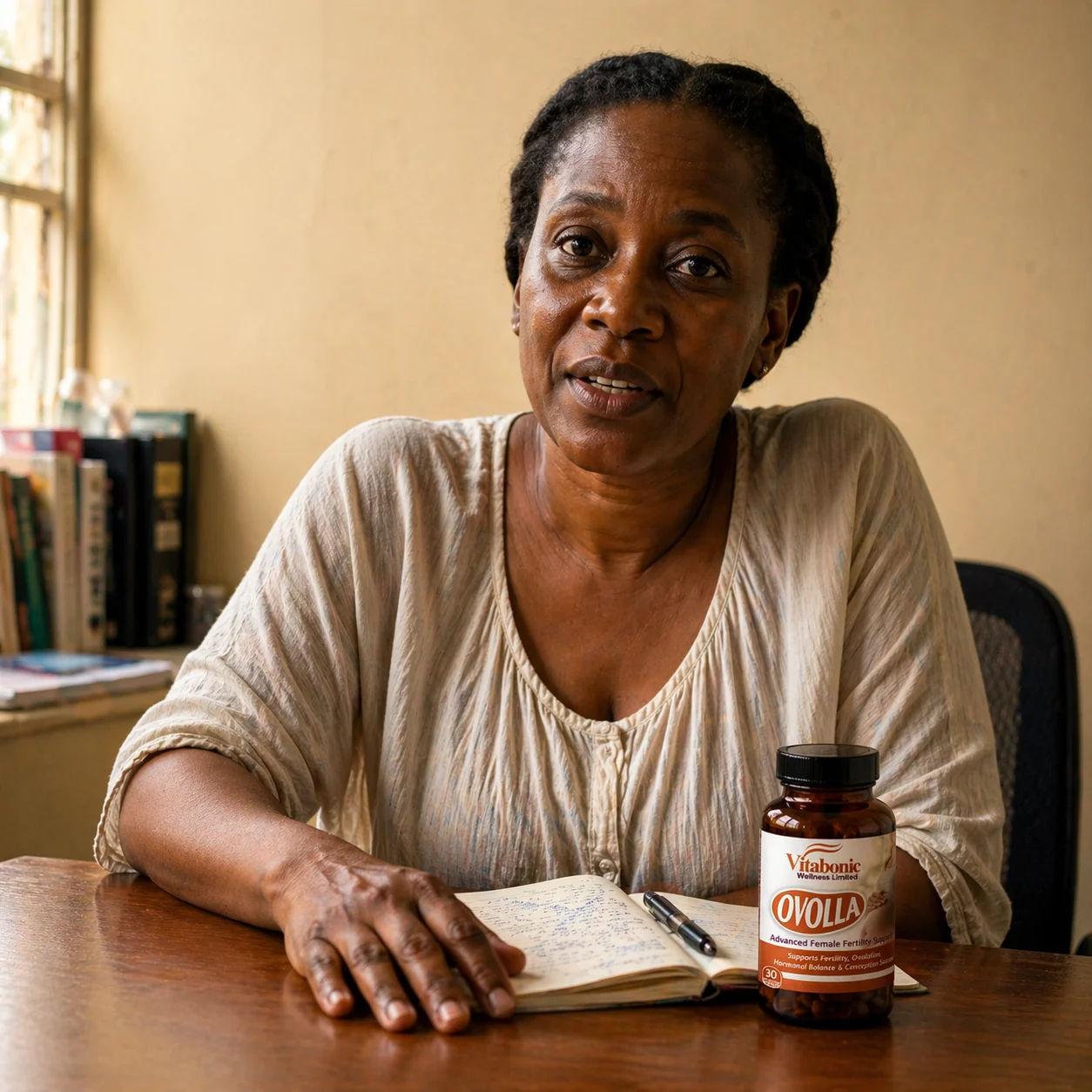Coach Blessing looking directly into the camera -- seated at a simple wooden desk, a small notebook and Ovolla bottle beside her hand