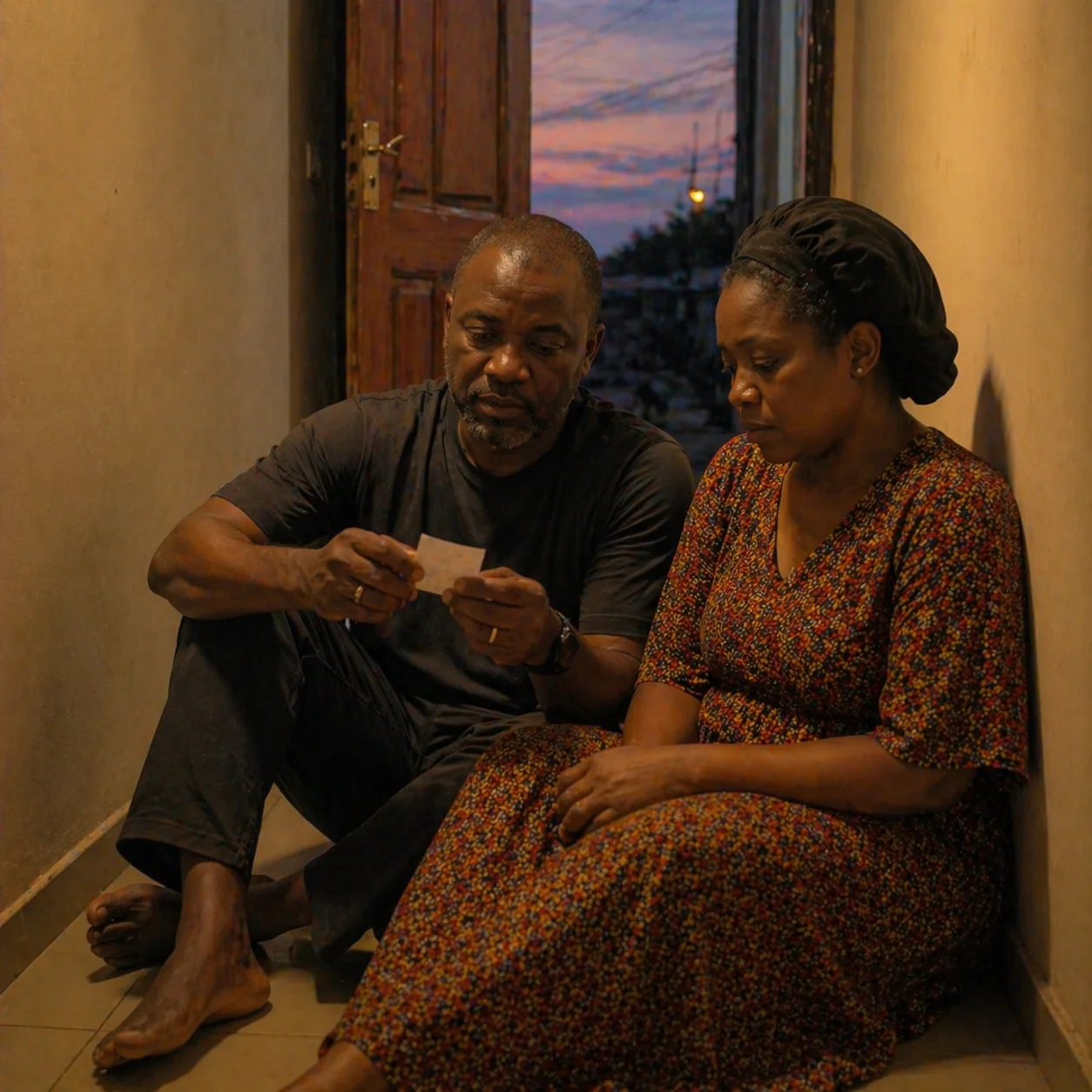 David and Adaeze sitting on the corridor floor, door still open behind them, thermal paper in his hands