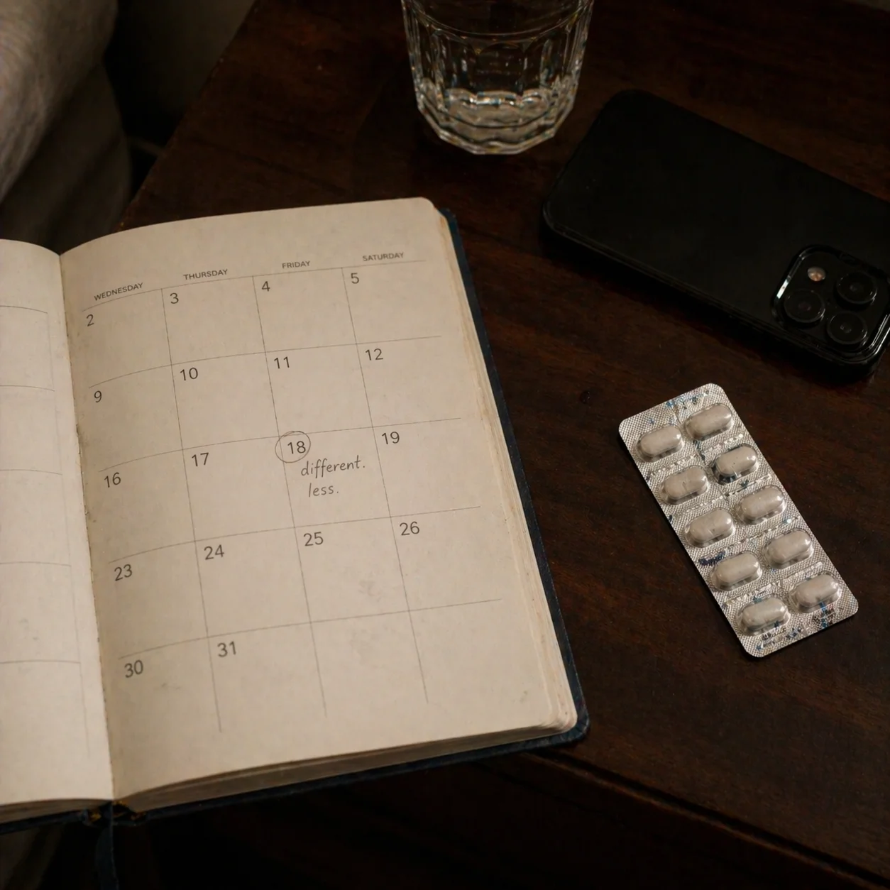 Personal diary with one date circled lightly in pencil, two words: different. less.