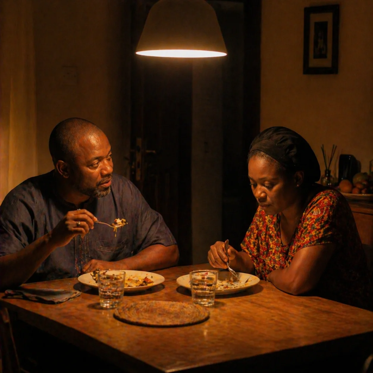 Same dining table but both plates being eaten from, David watching Adaeze across the table
