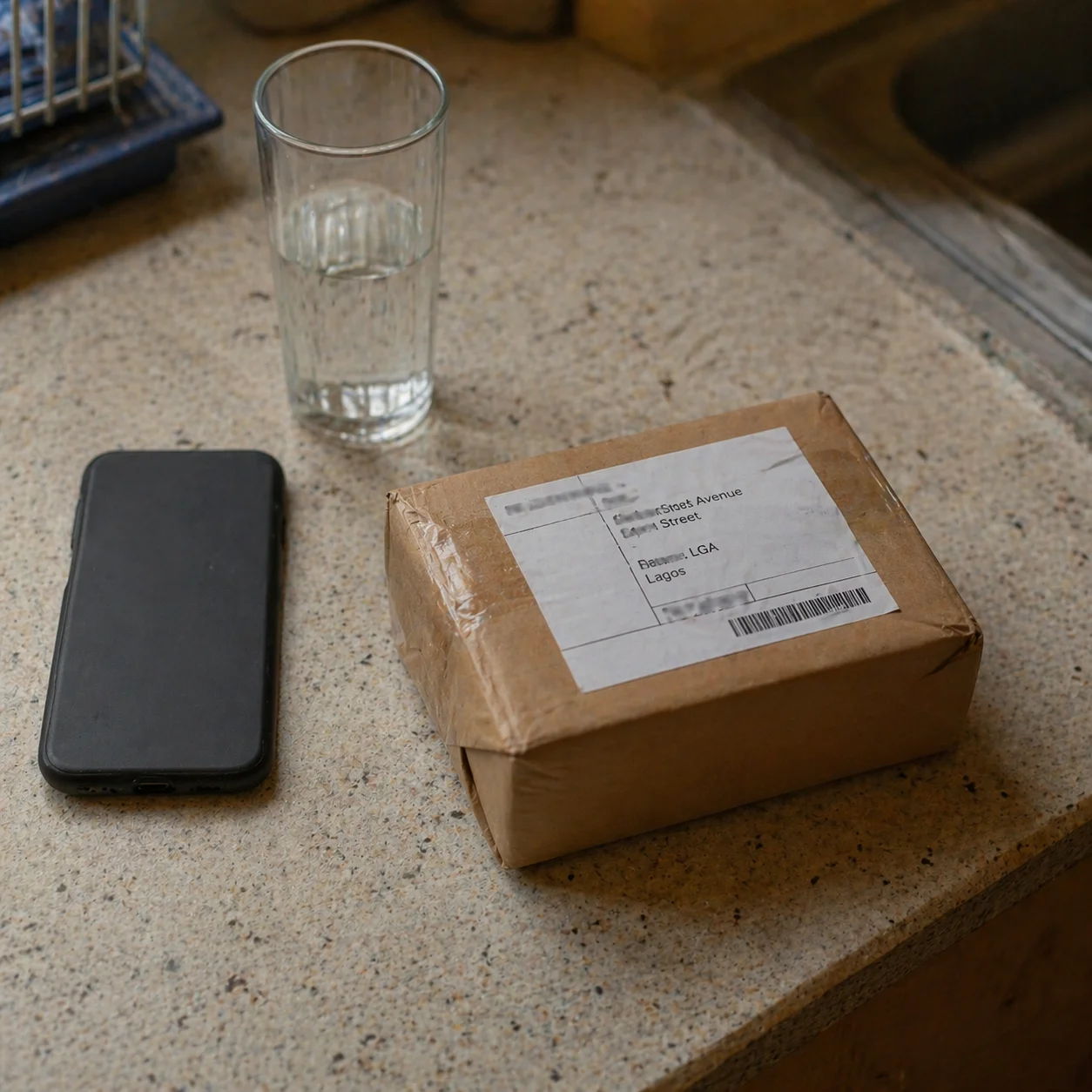 A plain brown parcel on a Lagos kitchen counter, no branding, phone face-down beside it