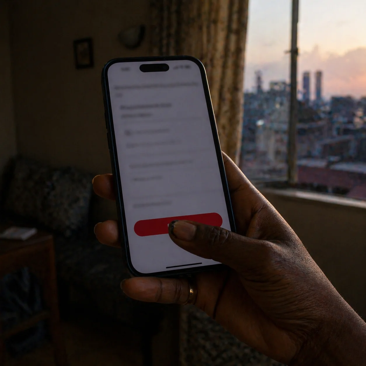 A woman's hand -- dark skin, wedding ring, one chipped nail -- holding a phone with her thumb positioned over a deep warm red button. The Lagos Island window visible behind.