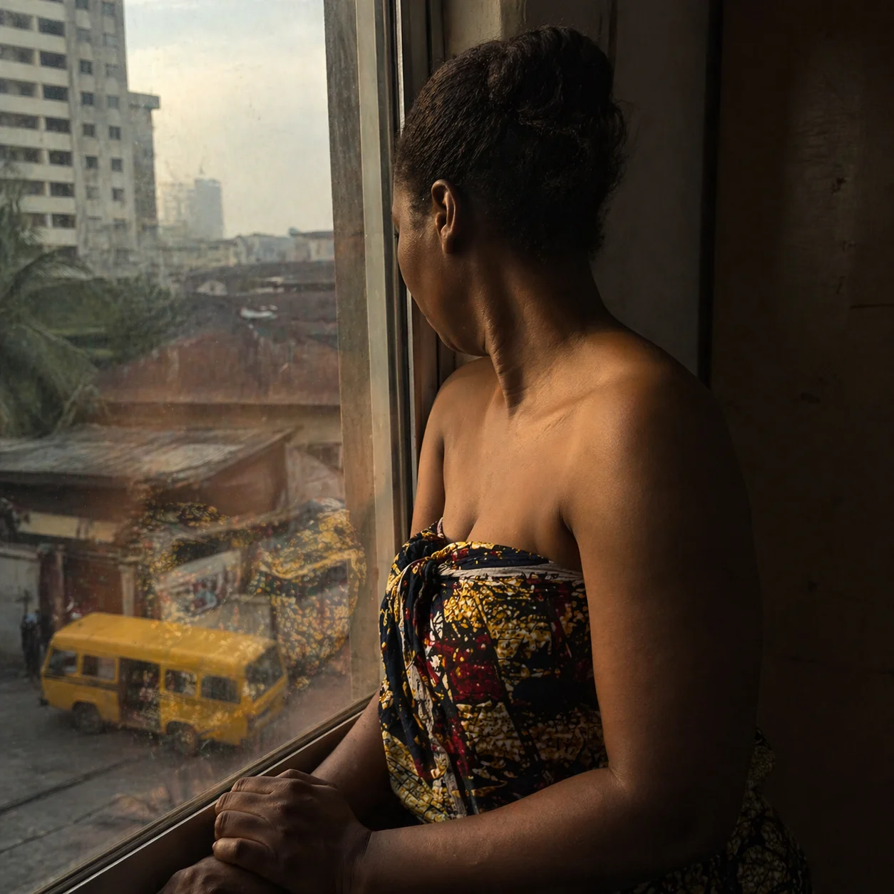 Adaeze at her Lagos Island window at 6:15AM watching the school bus