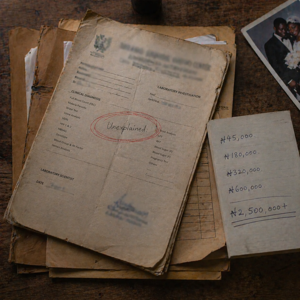 Stack of worn hospital folders, UNEXPLAINED circled in red biro