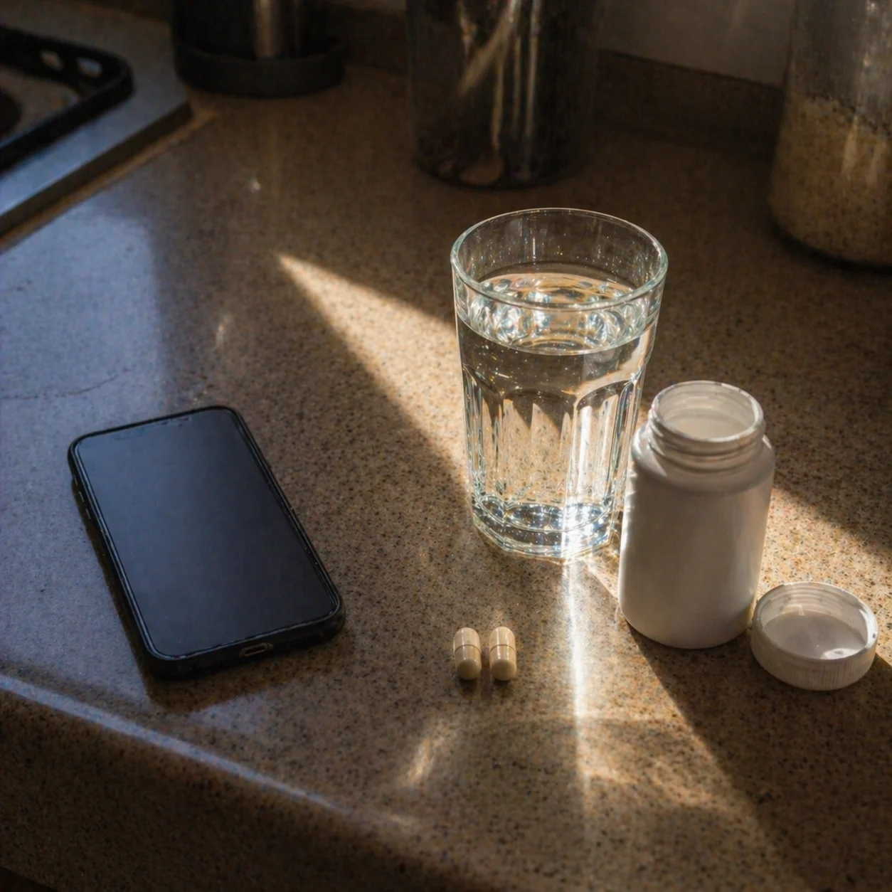 Lagos kitchen counter 7:10AM -- two capsules, a glass of water, and a phone face-down. No diary. No tracking app.