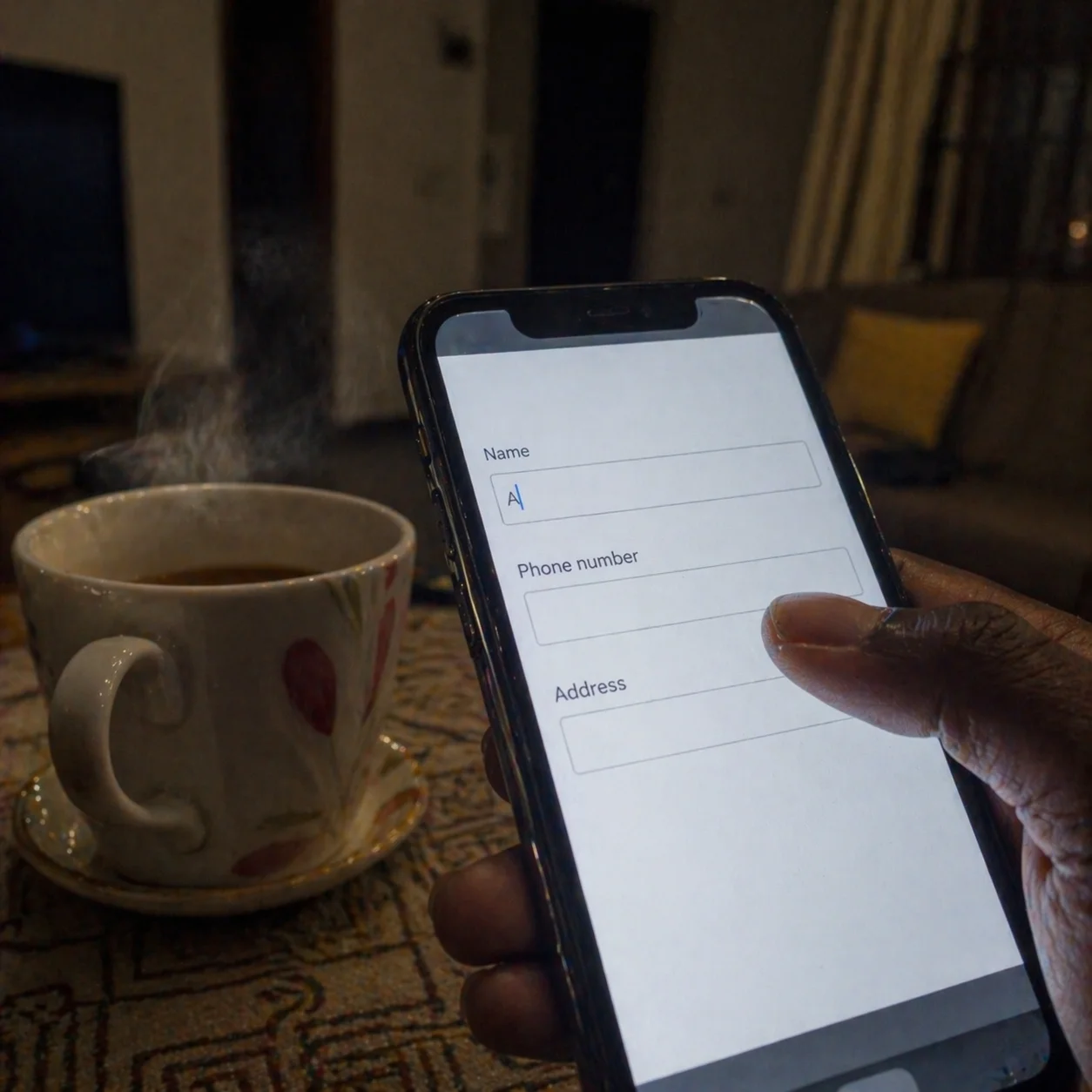 A woman's hand holding a phone showing a simple order form, name field half-filled, tea still steaming beside